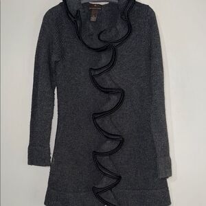 Fenn Wright Manson Gray and Black  Sweater w/ Faux Leather Trim & Ruffle Detail